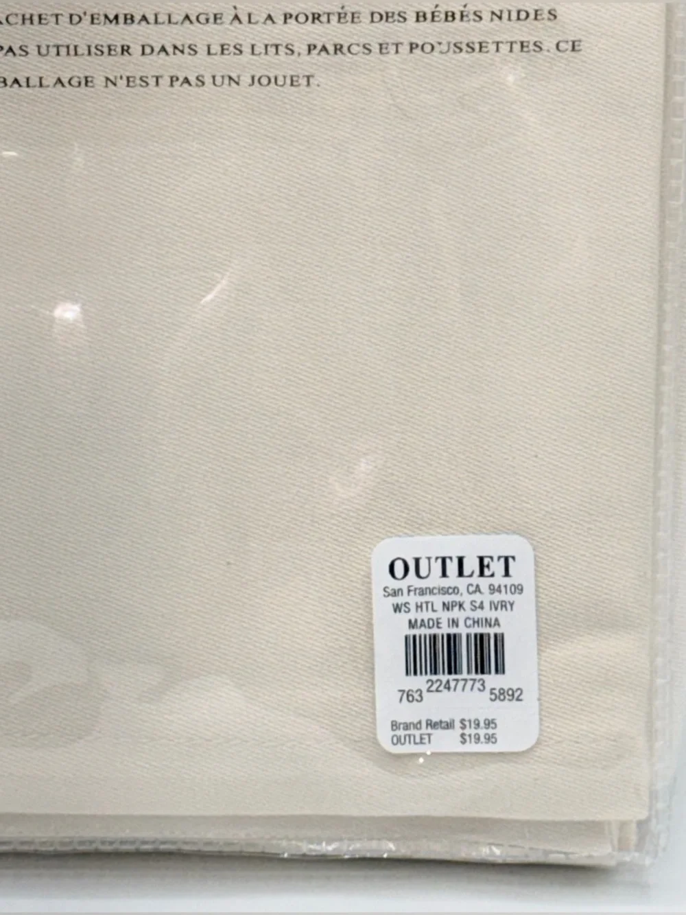 Williams Sonoma Hotel Dinner Napkins set 4 Ivory 20”x20 Cloth Cotton Dining NEW